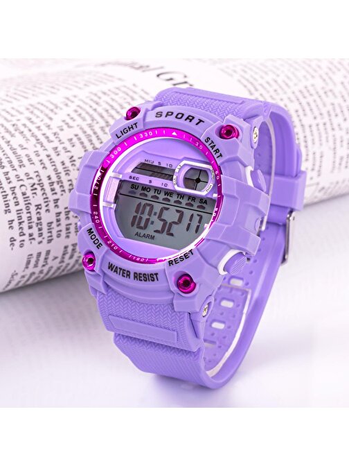 Mor Dijital Genç Kız Çocuk Kol Saat Kronometre Takvim Alarm Dijital Kadın Saati ST-304272