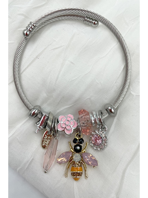 Pembe Taşlı Arı Charm Çelik Pandora Model Bileklik