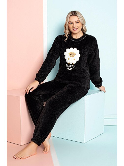 Nisanca Desenli Tam Peluş Kışlık Yılbaşı Kadın Pijama Takımı