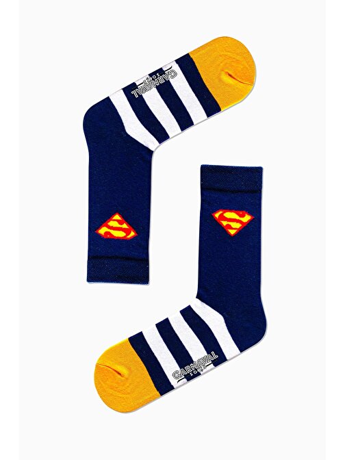 Lacivert Superman Desenli Renkli Çorap