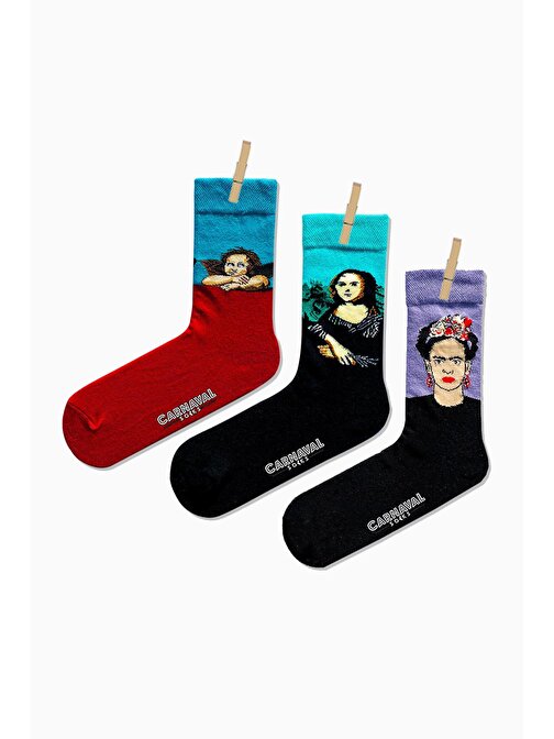 3'lü Tablo Desenli Renkli Çorap