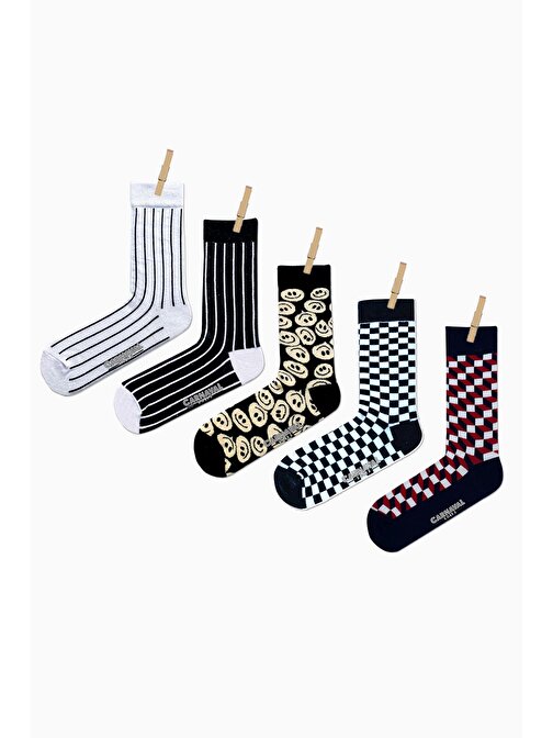 5'li Siyah Beyaz Old School Desenli Renkli Çorap