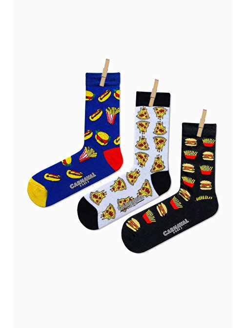 3'lü Hamburger Desenli Renkli Çorap
