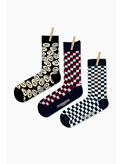 3'lü Damalı Desenli Renkli Çorap