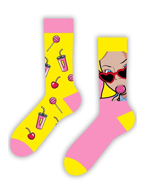 Sağlı Sollu Kiraz Ve Şeker Desenli Renkli Çorap
