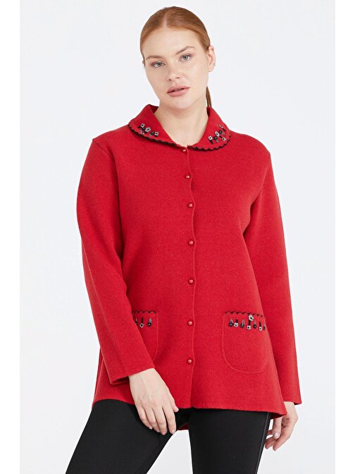 Kadın Polo Yaka Cepli Nakışlı Triko Ceket - Kırmızı
