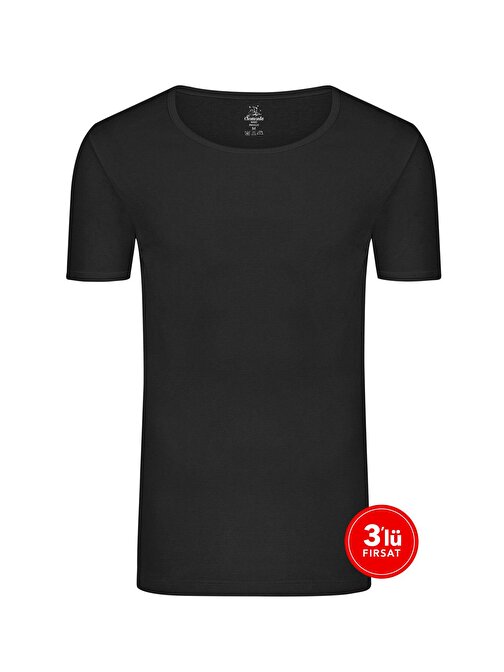 Erkek Pamuklu Sıfır Yaka Tshirt 3'lü Paket - Siyah
