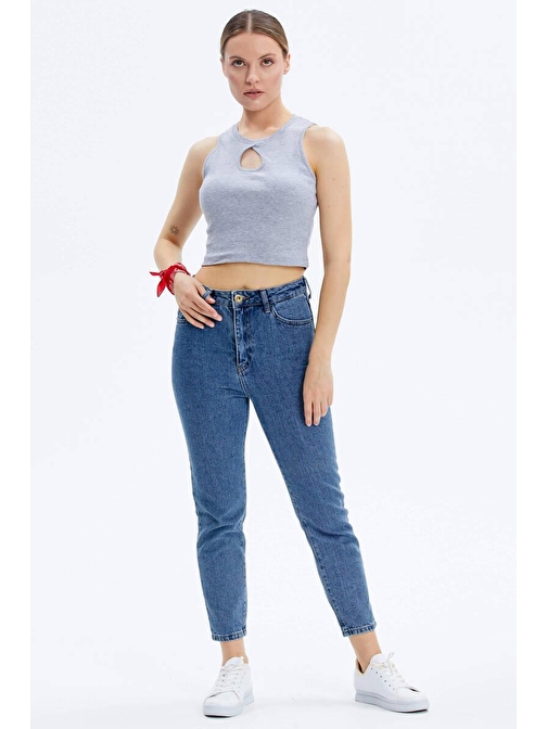 Damla Yaka Detaylı Crop Tshirt - Gri