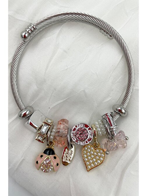 Pembe Uğur Böceği Charm Çelik Pandora Model Bileklik