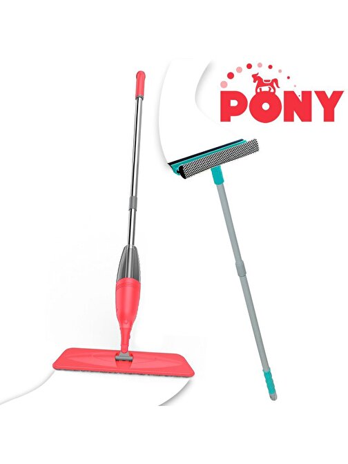 Pony Süper 2'li Sprey Mop + Teleskopik Saplı Cam Sileceği Çekçek Somon Paspas Temizlik Seti