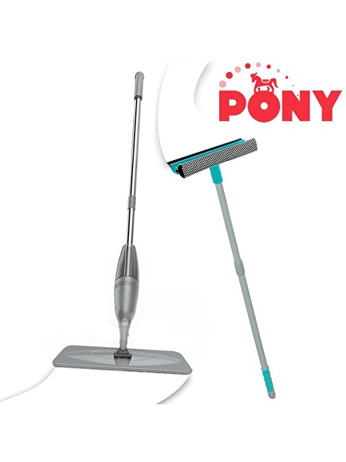 Pony Süper 2'li Sprey Mop + Teleskopik Saplı Cam Sileceği Çekçek Gri Paspas Temizlik Seti