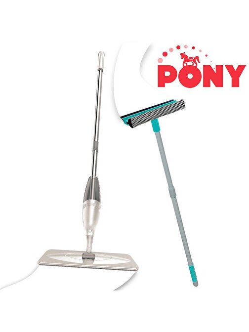 Pony Süper 2'li Sprey Mop + Teleskopik Saplı Cam Sileceği Çekçek Krem Paspas Temizlik Seti