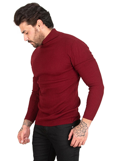 Erkek Bordo Balıkçı Yaka Çizgili Slim Fit Örme Kazak 2100015