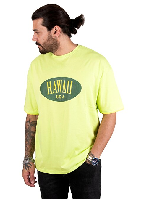 DeepSEA Erkek Yeşil Önü Hawaii Yazı Baskılı Oversize Tişört 2200509