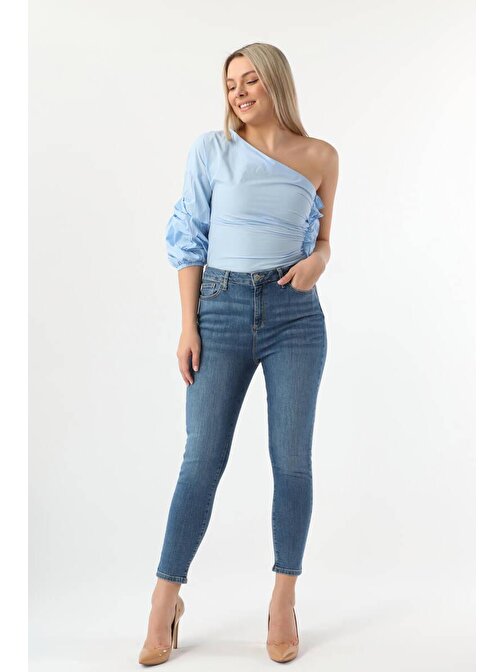Kadın Yüksek Bel Düz Slim Fit Jean Pantolon Mavi