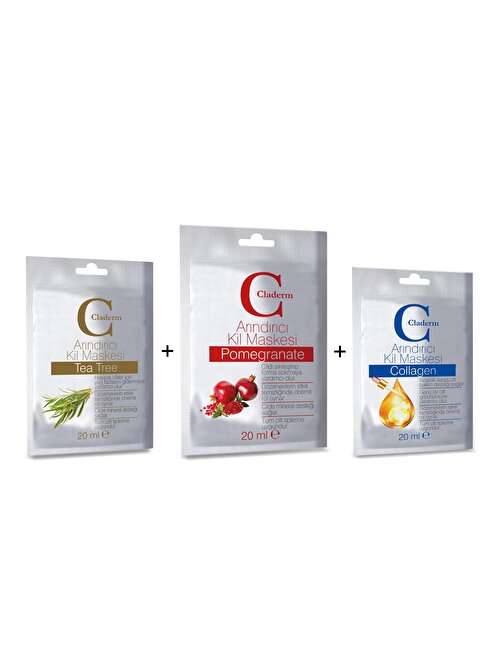 Claderm Tüm Cilt Tipleri Besleyici Arındırıcı Çay Ağacı Nar Kolajen Yüz Bakım Maskesi Avantaj Paketi 20 ml