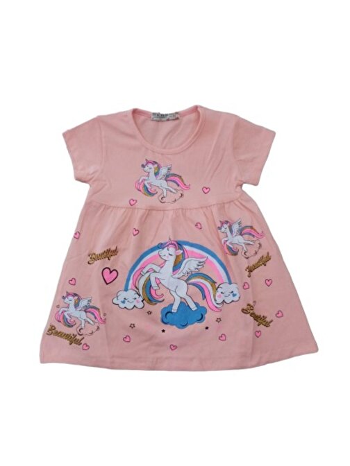 Kız Çocuk Unicorn Desenli Simli Elbise