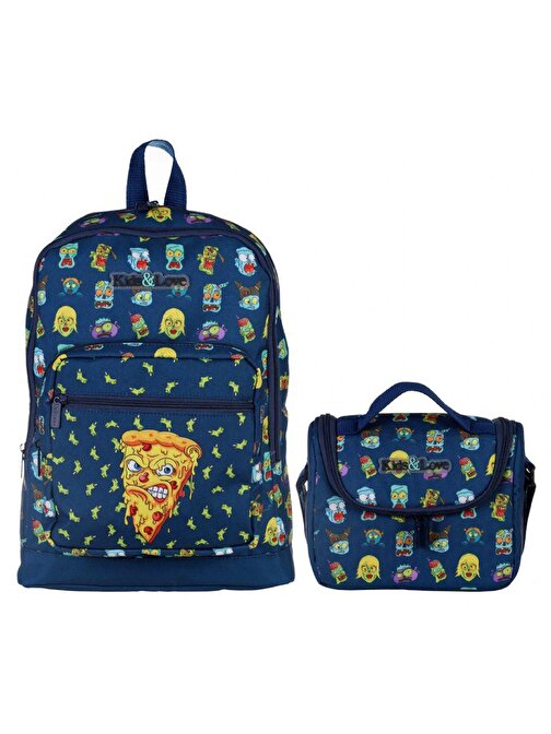 Kaukko Kids&LoVe Su Geçirmez Lacivert Zombie Pizza İlkokul Çanta Ve Beslenme Seti - Erkek Çocuk
