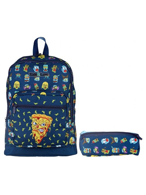 Kaukko Kids&LoVe Su Geçirmez Lacivert Zombie Pizza İlkokul Çanta Ve Kalemlik Seti - Erkek Çocuk