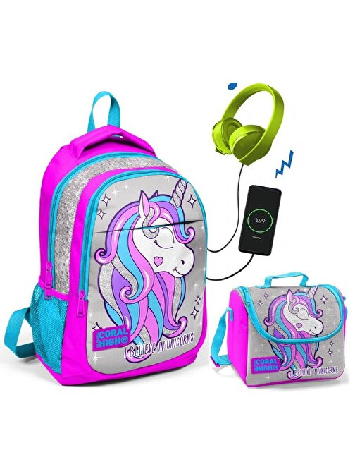 Coral High Pembe Unicorn Okul ve Beslenme Çantası - Kız Çocuk - USB Soketli