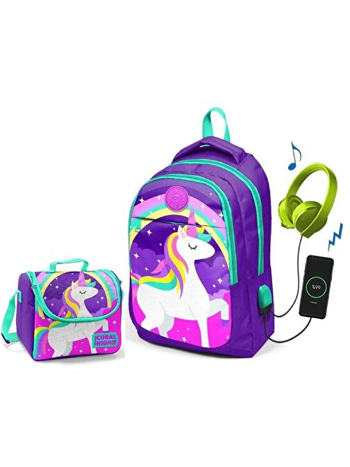 Coral High Kids Mor Unicorn Okul ve Beslenme Çantası - Kız Çocuk - USB Soketli