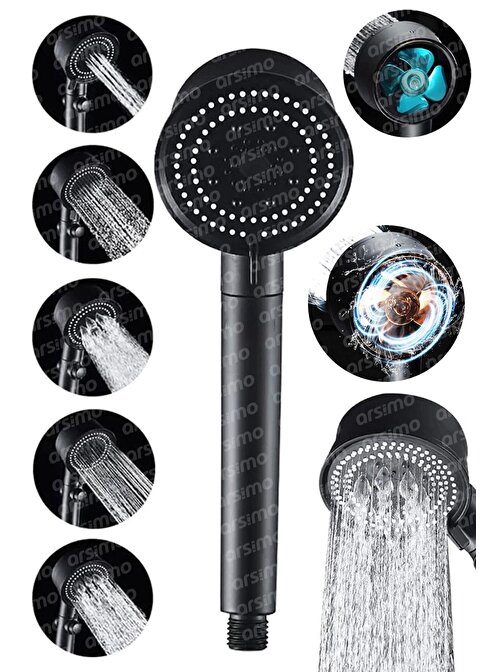 Pazariz Turbo Fan Pervaneli 5 Fonksiyonlu Su Tasarruflu Duş Başlığı | Pervaneli Turbo El Duşu Siyah