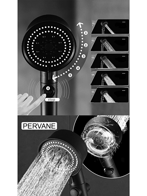 Pazariz 5 Fonksiyonlu Turbo Jet Pervaneli Aç Kapa Duş Başlığı Yüksek Tasarruf Tazyik Siyah