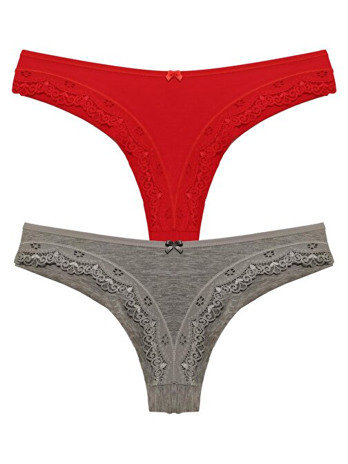 Kırmızı Gri Renk Seçenekli Kenarları Dantelli Brazilian Bikini Külot