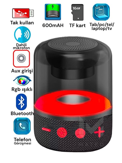 Pazariz Mini Işıklı Yüksek Sesli Taşınabilir Bluetooth Hoparlör Siyah