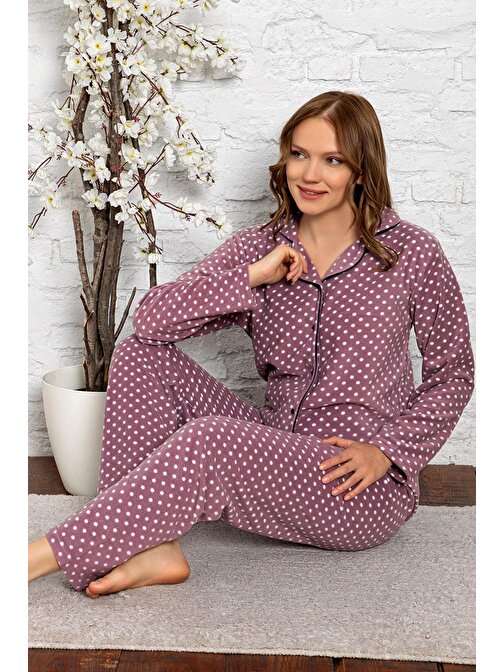 Bayan Kışlık Welsoft Peluş İnci Polar Düğmeli Pijama Takımı 'İpeksi Doku'