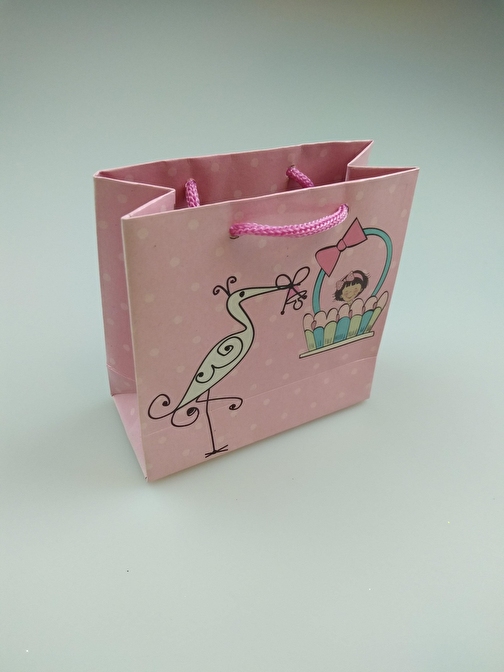 EventPartyStore KARTON ÇANTA LEYLEKLİ PEMBE 11CM X 11CM - 1 ADET