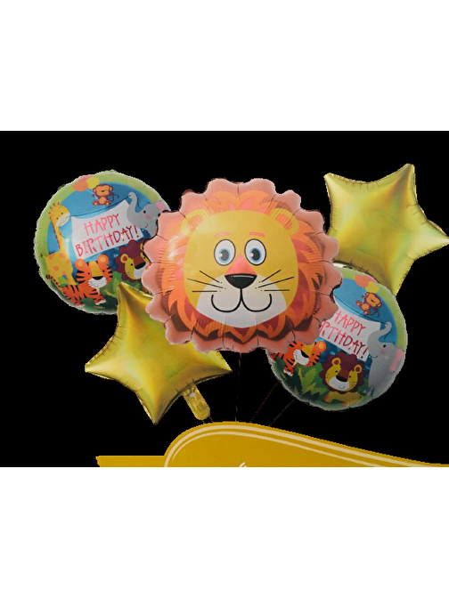 EventPartyStore FOLYO BALON BUKET SETİ HAPPY BİRTHDAY ASLAN MODELİ 5'Lİ D.Ü 65