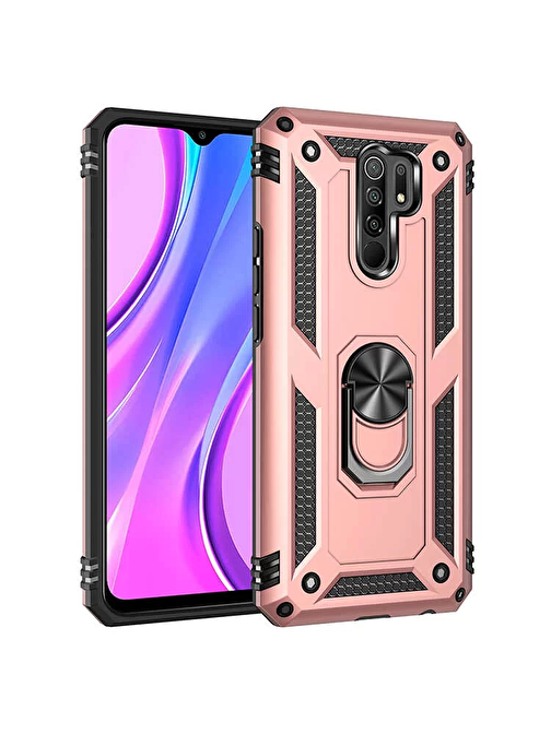 Lopard Xiaomi Redmi 9 Kılıf Vega Yüzük Standlı Military Armor Ring Zırh Kapak Rose Gold