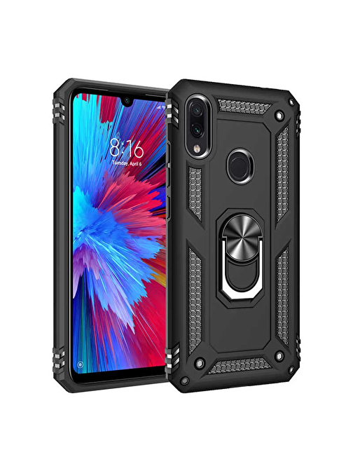 Lopard Xiaomi Redmi Note 7 Kılıf Vega Yüzük Standlı Military Armor Ring Zırh Kapak Siyah