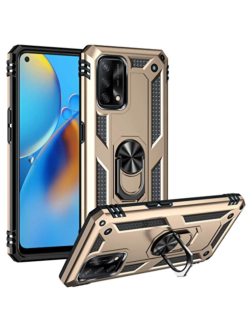 Lopard Oppo A74 4G Kılıf Vega Yüzük Standlı Military Armor Ring Zırh Kapak Gold