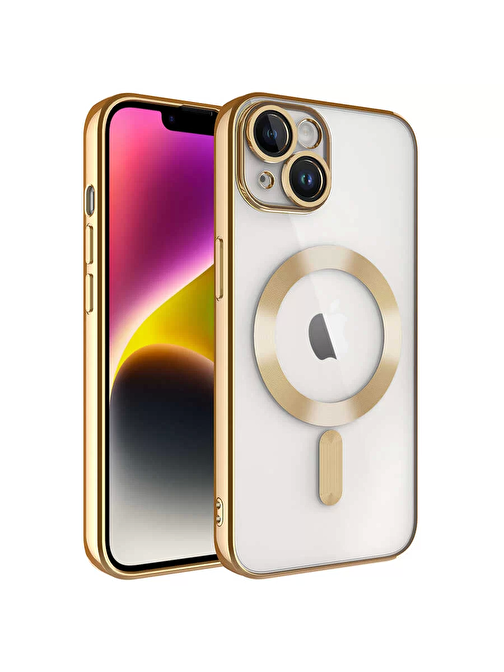 Lopard Apple iPhone 14 Plus Kılıf Kamera Korumalı Magsafe Wireless Şarj Özellikli Lopard Demre Kapak Gold