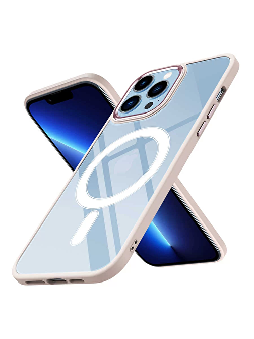 Lopard Apple iPhone 13 Pro Max Kılıf Wireless Şarj Özellikli Krom Magsafe Silikon Kapak Pembe Açık