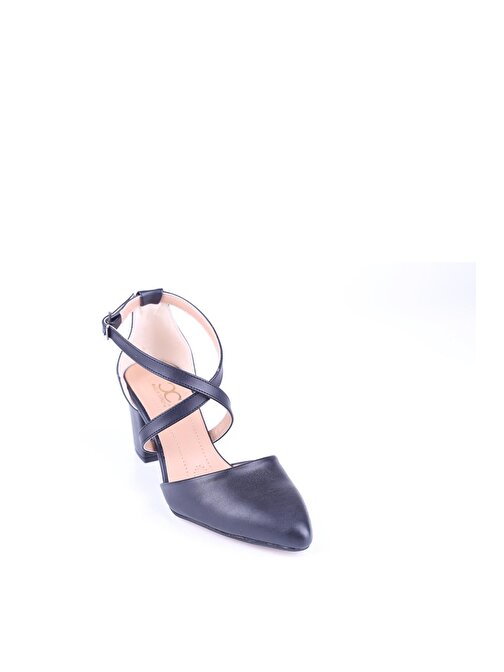 Ceylan 616 Kadın Siyah 6 cm Topuk Çapraz Kemer Cilt Ayakkabı