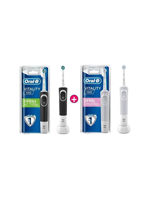 Oral-B D100 Vitality Cross Action Siyah + D100 Vitality Sensitive Ultrathin Şarjlı Yetişkin Diş Fırçası Beyaz