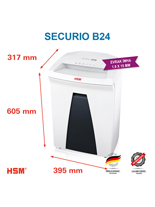 HSM Securio B24 Parçacık Kesim Kağıt Kırpma Makinesi - Evrak İmha Makinesi 1.9 x 15 mm 34 lt Beyaz - Gümüş