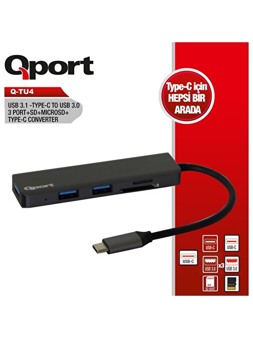 Qport Q-Tu4 Type-C To Usb 3.0 3Port+Sd +Micro Sd +Type-C Çevirici