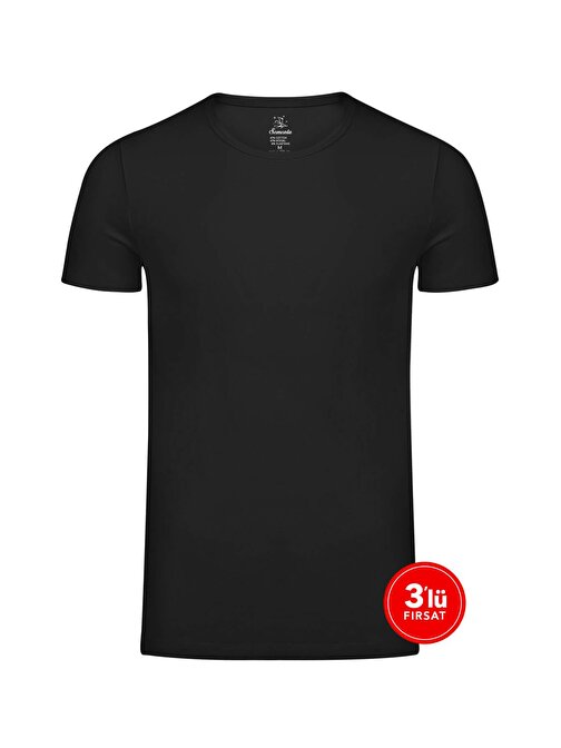 Erkek Modal Sıfır Yaka Tshirt 3'lü Paket - Siyah