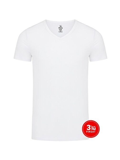 Erkek Modal V Yaka Tshirt 3'lü Paket - Beyaz