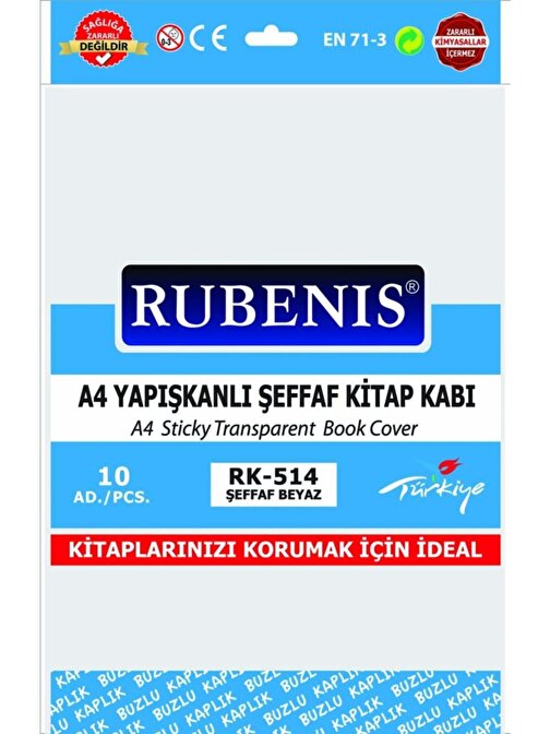 Rubenis A4 Düz Yapışkanlı Hazır Kitap Kabı 10'lu Şeffaf Beyaz