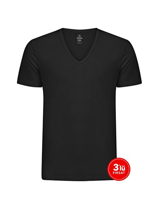 Erkek Modal Derin V Yaka Tshirt 3'lü Paket - Siyah