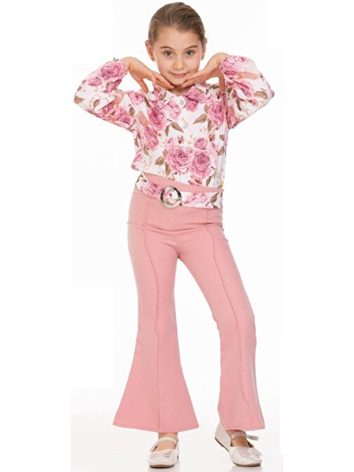 Kız Çocuk Çiçek Desenli Gömlek İspanyol Paça Pantolon Takımı