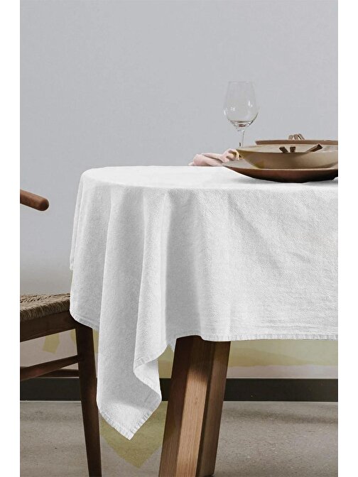 Vivamaison Yıkanmış Pamuk Keten Beyaz Masa Örtüsü 140x220 cm