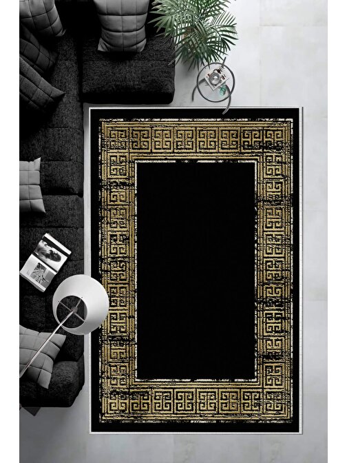Aldora Halı Dijital Baskı Kaymaz Deri Taban Halı Siyah 60 x 100 cm