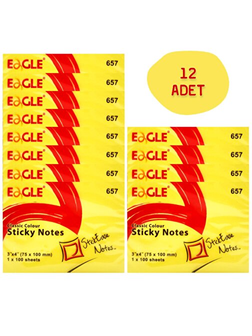 Eagle 657 Dikdörtgen Post-it -  Not Kağıdı Sarı 75x100 mm 100 Yaprak 12 Adet
