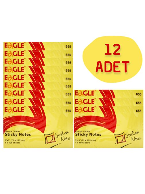 Eagle 655 Dikdörtgen Post-it -  Not Kağıdı Sarı 75x125 mm 100 Yaprak 12 Adet